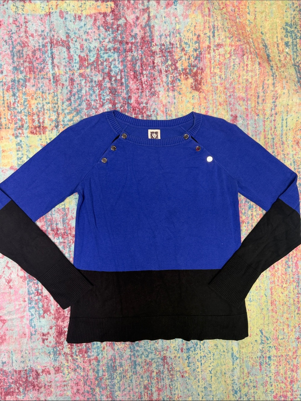 Anne Klein Blue and Black Colorblock Long Sleeve Pullover